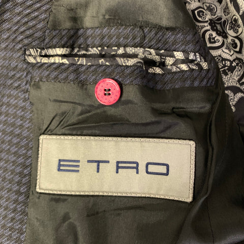 ETRO Chest Size 42 Black Navy Jacquard Wool Silk Peak Lapel Sport Coat