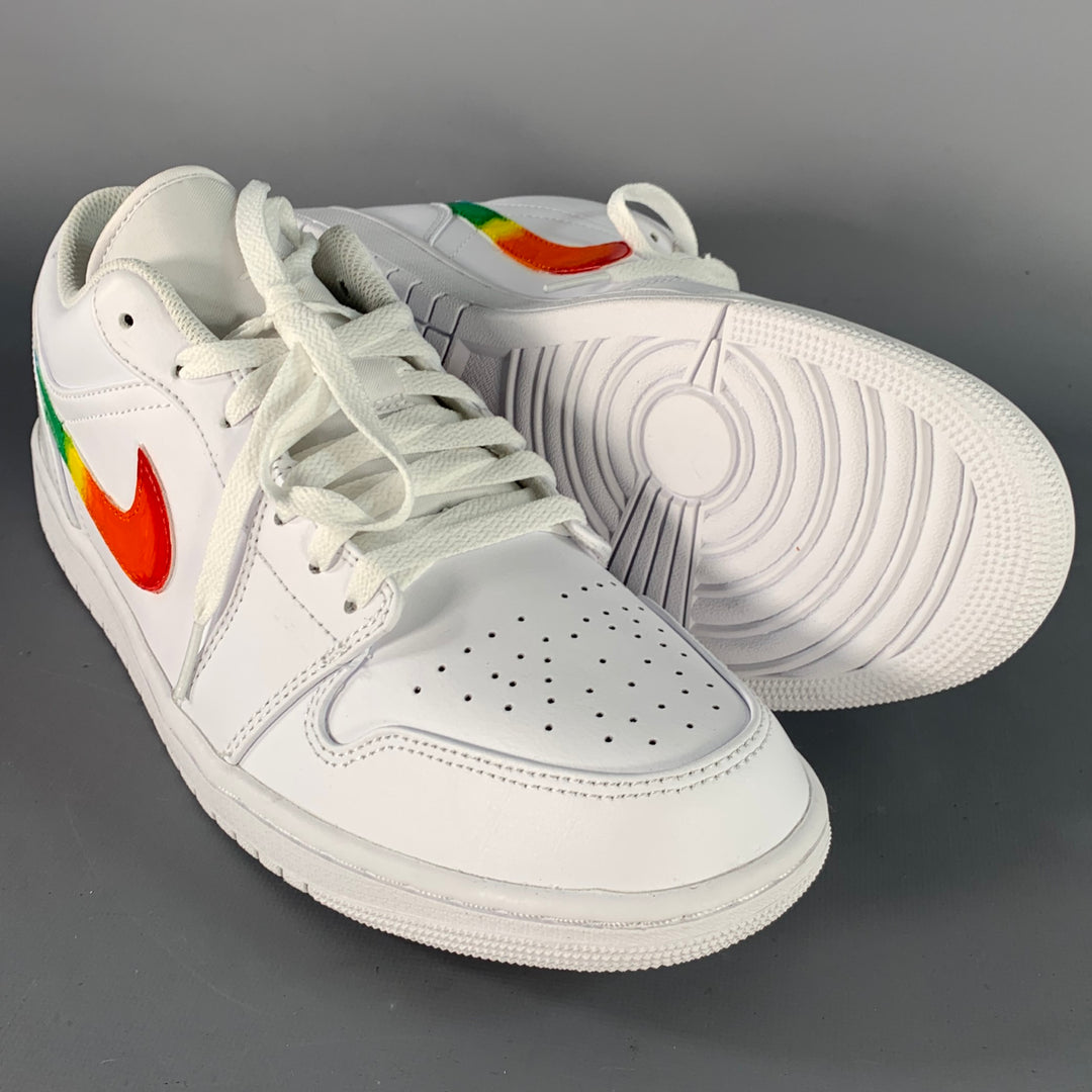NIKE Size 11 Air Jordan 1 Low White Multi Color Rainbow Swoosh Leather Sneakers