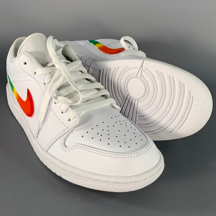 NIKE Size 11 Air Jordan 1 Low White Multi Color Rainbow Swoosh Leather Sneakers