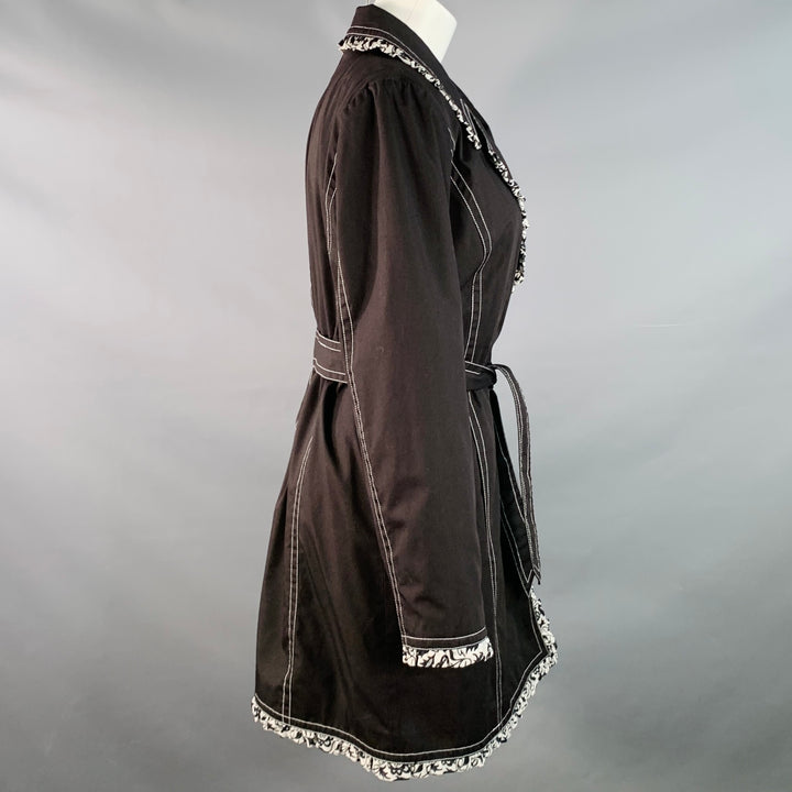 DENNIS BASSO Size XS Black White Cotton Blend Contrast Stitch Belted Coat