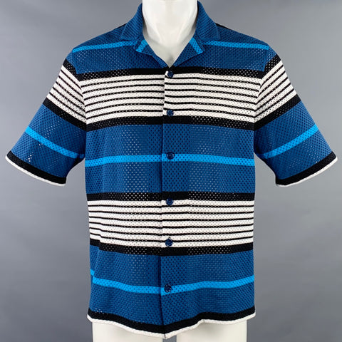 BURBERRY Size S Blue Black White Stripe Stretch Polyamide Mesh Camp Short Sleeve Shirt