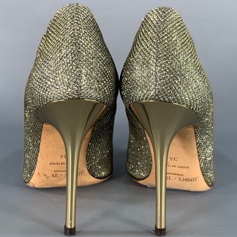 JIMMY CHOO Size 4 Gold Glitter Pointed Toe Stiletto Pumps