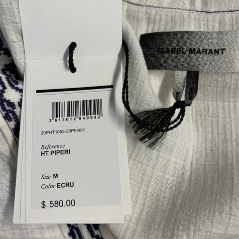 ISABEL MARANT Size M Piperi White Navy Embroidery Cotton V-Neck Pullover