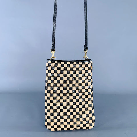 CLARE V. Poche Black Beige Checkered Leather Clutch Crossbody Handbag