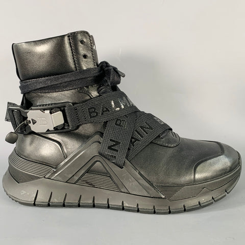 BALMAIN Size 6,  B-Troop Black Leather High Top Webbing Sneakers