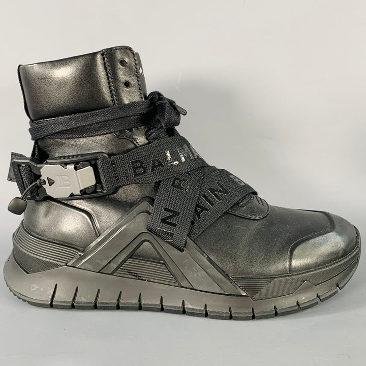 BALMAIN Size 9 B-Troop Black Leather High Top Webbing Sneakers