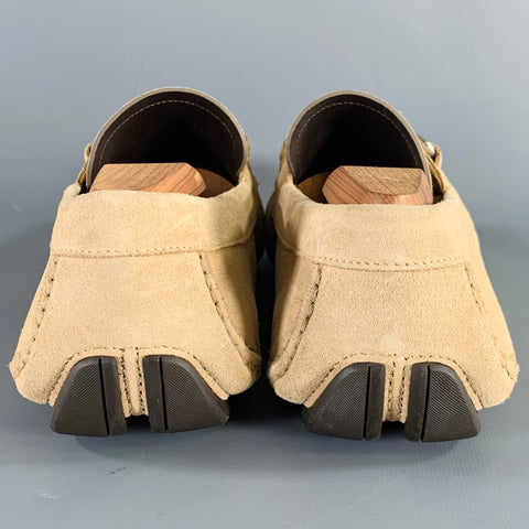 SALVATORE FERRAGAMO Size 8 Beige Silver Suede Drivers Loafers