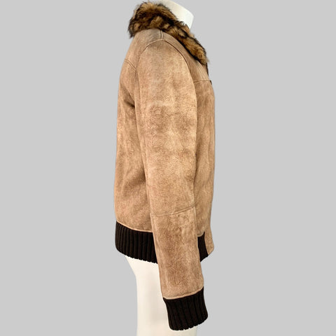 DOLCE & GABBANA Size 40 Brown Distressed Deerskin Leather Shearling Zip Up Jacket