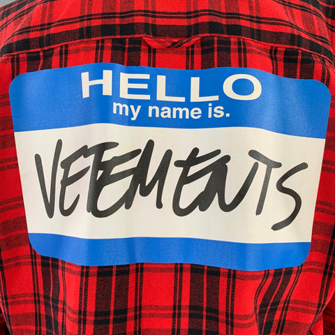 VETEMENTS Size XS -My Name Is- Red Black Plaid Cotton Blend Long Sleeve Shirt