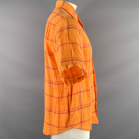 ERMENEGILDO ZEGNA Size L Orange Red & Blue Plaid Short Sleeve Shirt