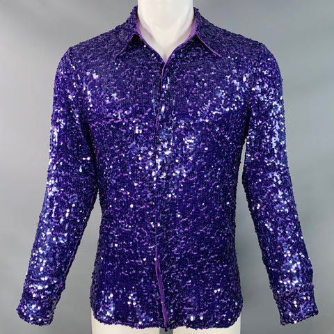 DRIES VAN NOTEN Size 38 Purple Sequined Viscose Hidden Buttons Long Sleeve Shirt