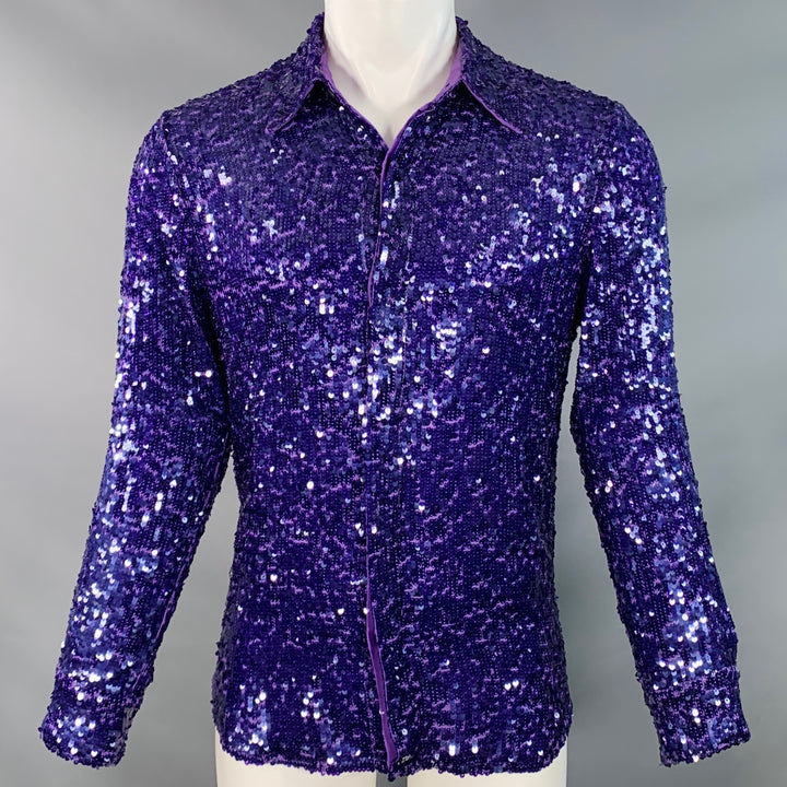 DRIES VAN NOTEN Size 38 Purple Sequined Viscose Hidden Buttons Long Sleeve Shirt