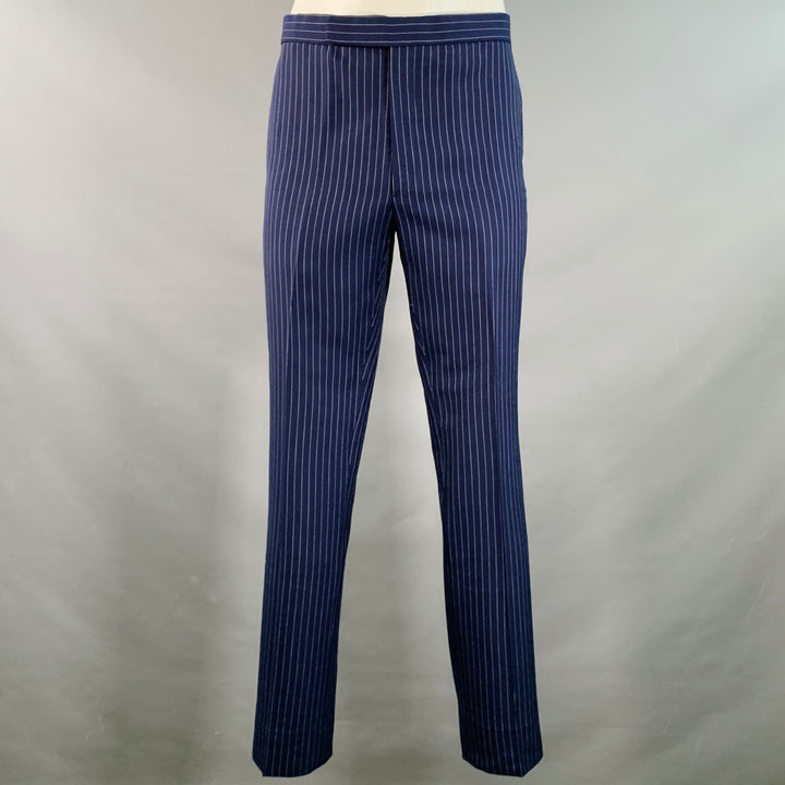 RALPH LAUREN Size 42 Long Navy White Pinstripe Wool Notch Lapel Suit