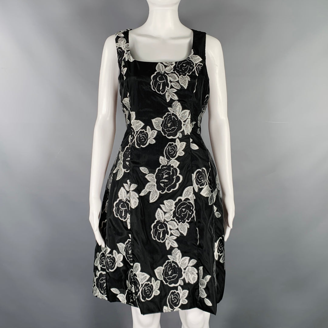 PRABAL GURUNG Size 10 Black Silver Polyester Floral A-Line Cocktail Dress