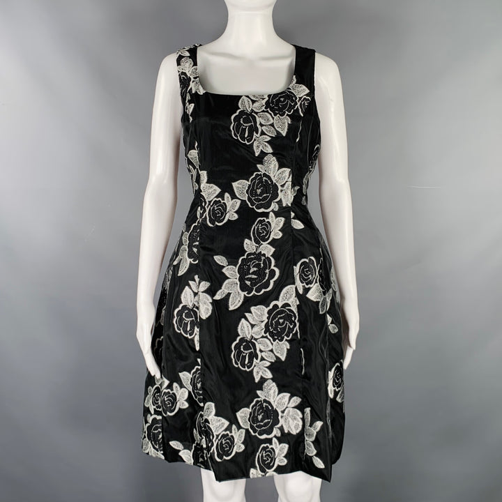 PRABAL GURUNG Size 10 Black Silver Polyester Floral A-Line Cocktail Dress