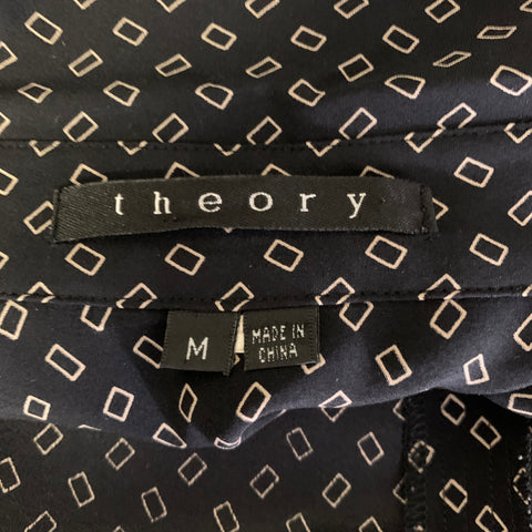 THEORY Size M Black Beige Geometric Silk spandex Button Up Short Sleeve Shirt