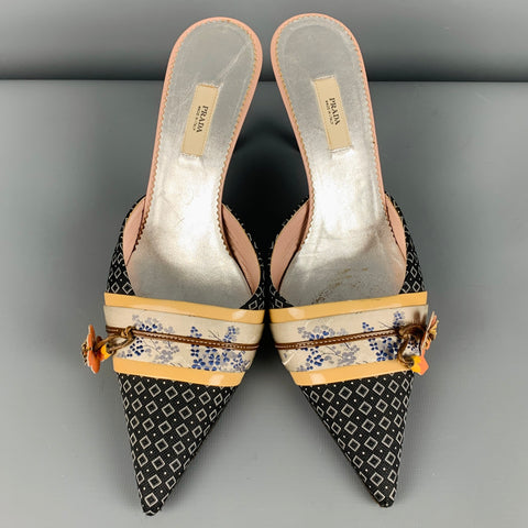 PRADA Size 7.5 Black Multi Color Kimono Floral Mules Pumps
