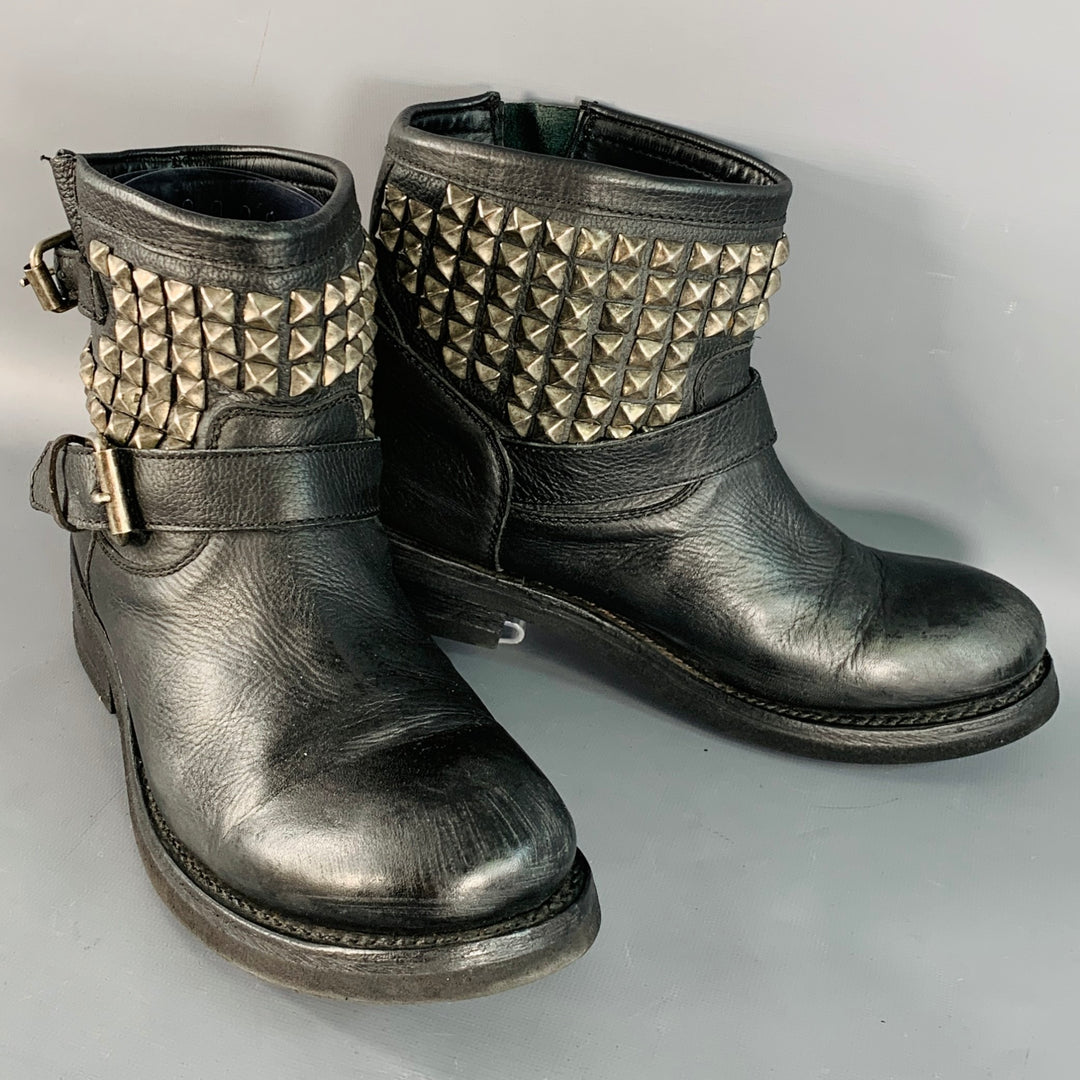 ASH Size 11 Black Leather Studded Pull On Ankle Boots