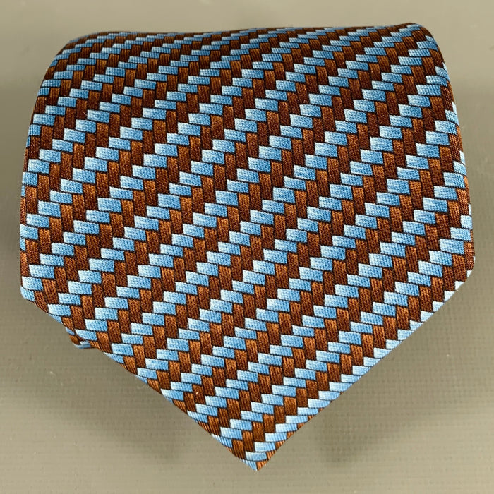 HERMES Blue Brown Herringbone Silk Tie