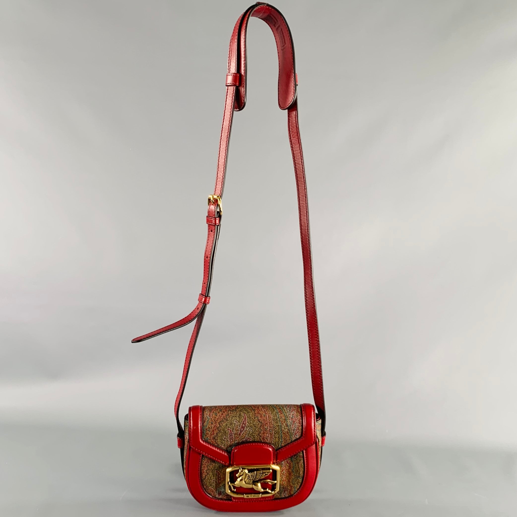 ETRO FW19 Pegaso Oxblood Brown Paisley Leather Trim Handbag