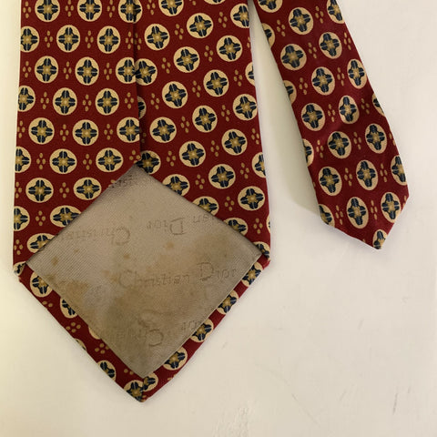CHRISTIAN DIOR Red Tan Geometric Silk Tie