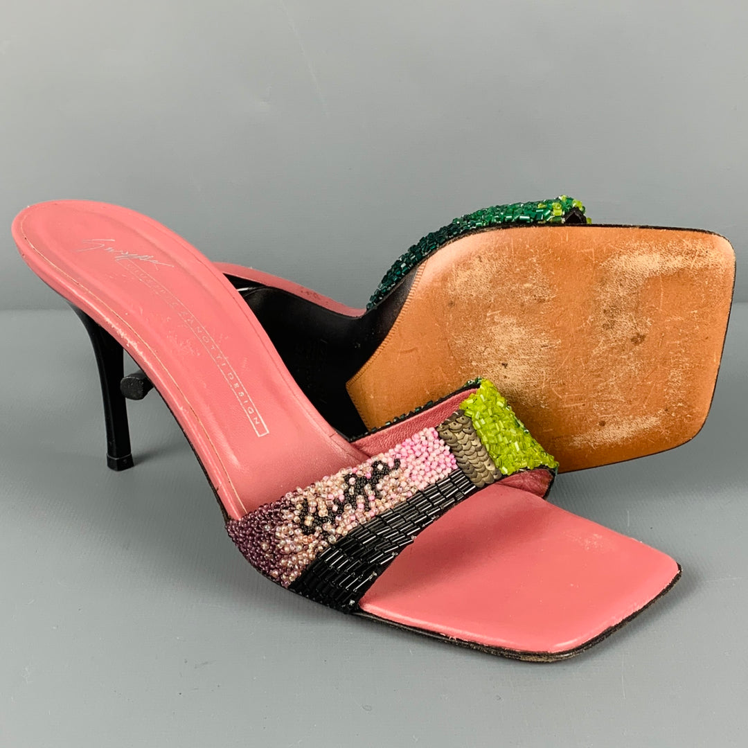 GIUSEPPE ZANOTTI Size 7.5 Pink Multi Color Leather Beaded Square Toe Sandals