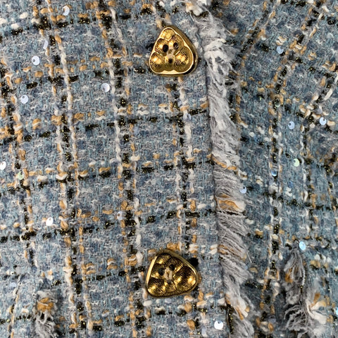 TOCCIN(NY) Size XL Blue Khaki White Tweed Sequined Raw Edge Jacket