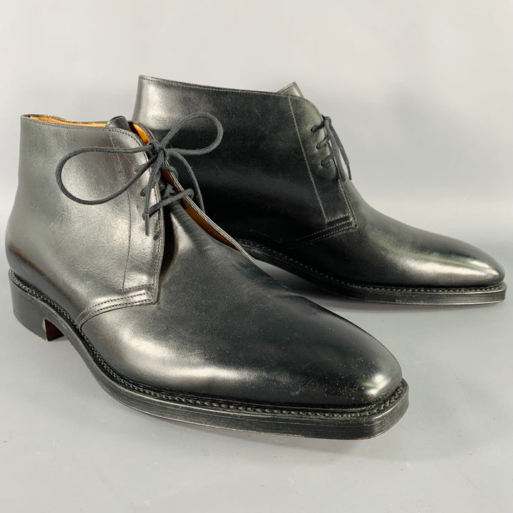 JOHN LOBB Size 10 Giono Black Leather Lace-Up Ankle Boots