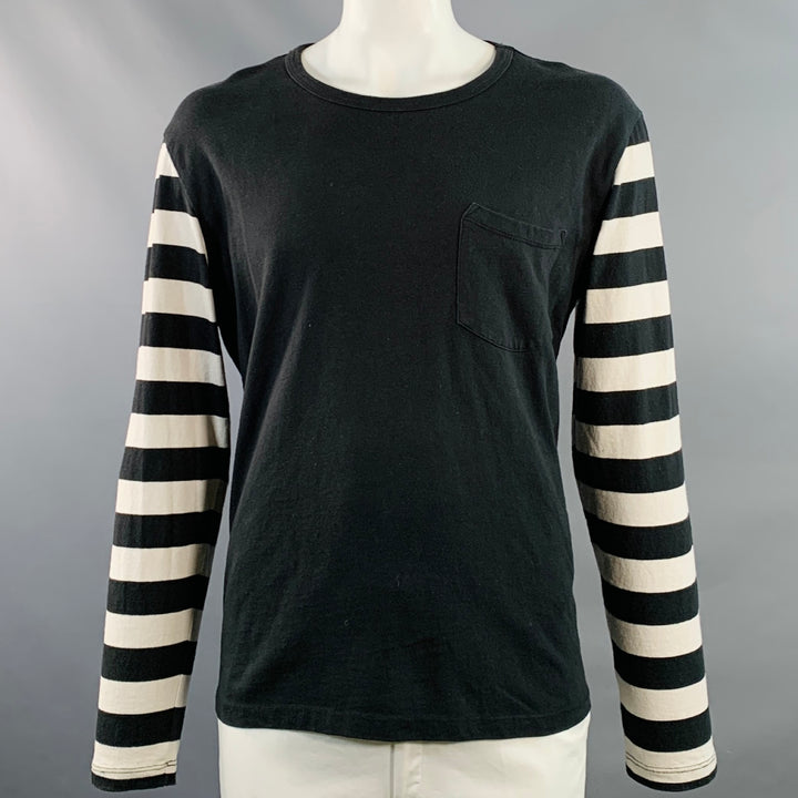 FREENOTE CLOTH Size XL Shifter Black Off White Stripe Cotton One Pocket Pullover