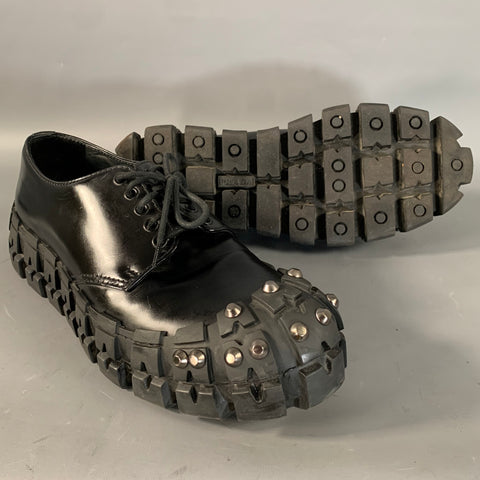 PRADA FW2019 Size 9 Black Gunmetal Studded Leather Cap Toe Lace Up Shoes