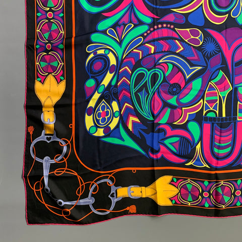 HERMES Black Color Block Horsebit Silk Scarves & Shawls