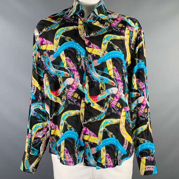 BILLIONAIRE COUTURE Size XL Black Multi Color Print Silk Long Sleeve Shirt