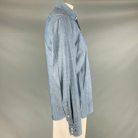 VAN LAACK Size L Blue Herringbone Cotton Long Sleeve Shirt