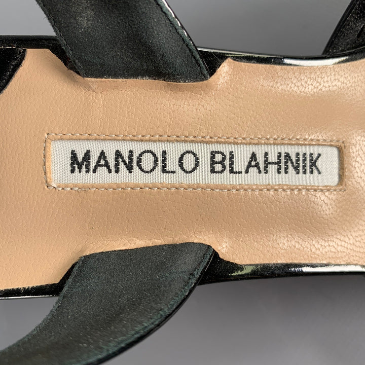 MANOLO BLAHNIK Size 11 Black Perforated Patent Leather Slingback Pumps