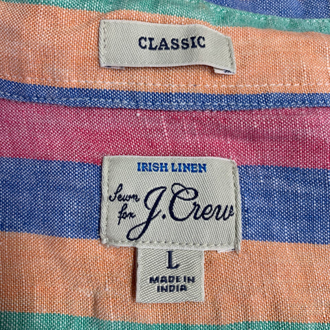 J.CREW Size L Multi Color Stripe Linen One Pocket Short Sleeve Shirt