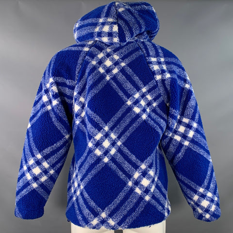 BURBERRY Size XS Blue White Plaid Acrylic Blend Fleece Hoodie Pullover Jacket