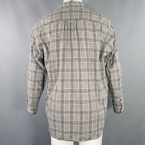 FUJITO Size M Black White Plaid Cotton Linen One Pocket Long Sleeve Shirt