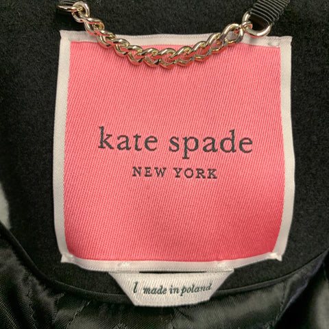 KATE SPADE Size L Black White Wool Blend Polka Dot Collarless Coat