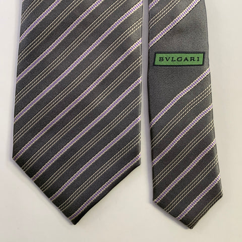 BVLGARI Grey Lavender Diagonal Stripe Silk Tie