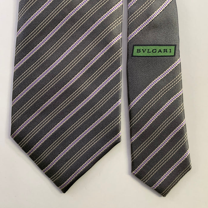 BVLGARI Grey Lavender Diagonal Stripe Silk Tie