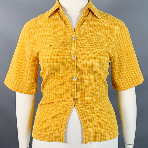 NANUSHKA Size L Yellow Brown Polyester Blend Plaid Short Sleeve Shirt