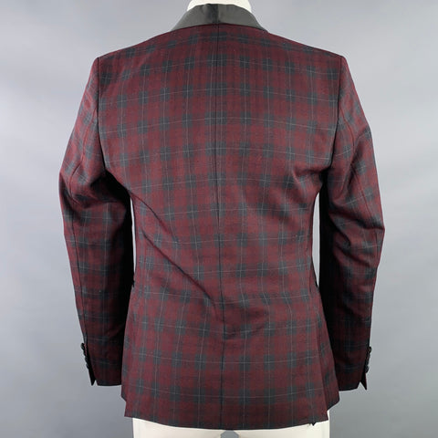 NICK GRAHAM Size 38 New York Cut Burgundy Black Checkered Polyester Blend Shawl Collar Tuxedo Jacket