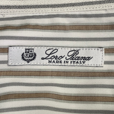 LORO PIANA Size L White Tan Grey Stripe Cotton One Pocket Long Sleeve Shirt