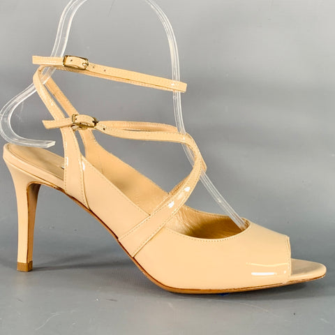 CHARLES KAMMER Size 6 Beige Nude Patent Leather Peep Toe Strappy Sandals