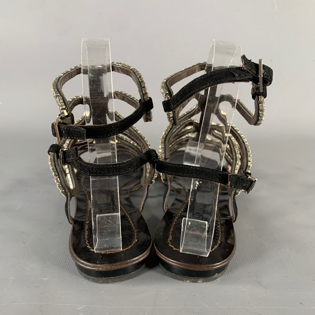 ROBERTO CAVALLI Size 7 Black Rhinestone Leather Gladiator Sandals