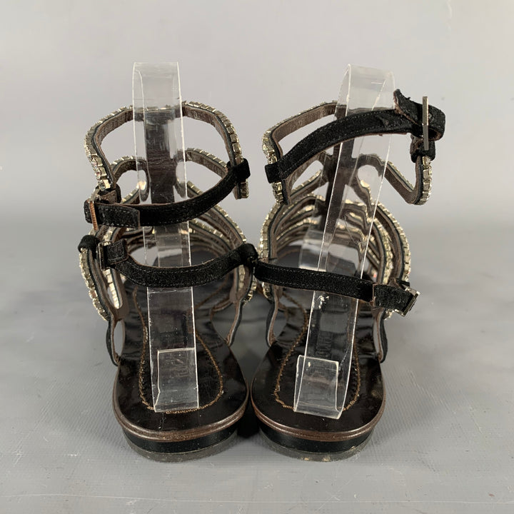 ROBERTO CAVALLI Size 7 Black Rhinestone Leather Gladiator Sandals