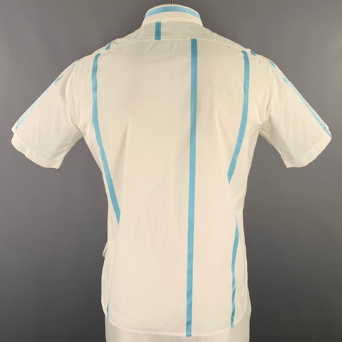 DRIES VAN NOTEN Size 42 White Blue Stripe Cotton Silk Short Sleeve Shirt