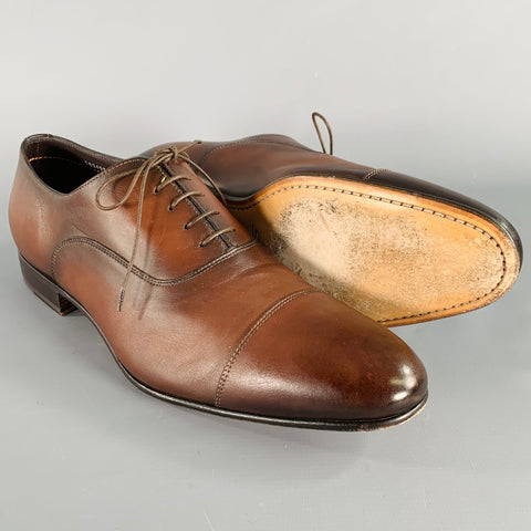 SANTONI Size 11 Darian Brown Leather Cap Toe Oxford Lace-Up Shoes