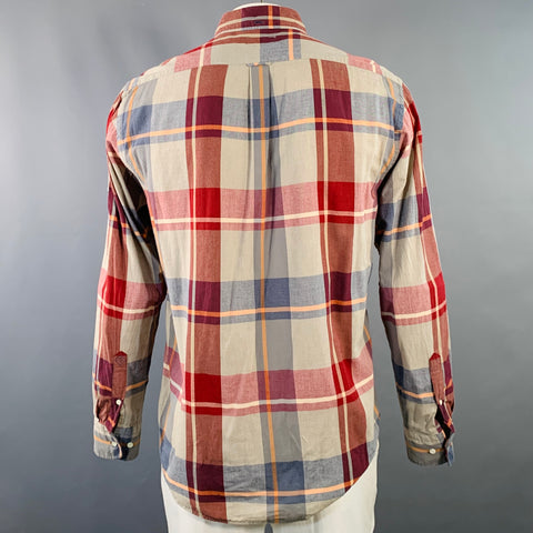 GANT Size L Red Green Madras Plaid Cotton Button Down Collar Long Sleeve Shirt