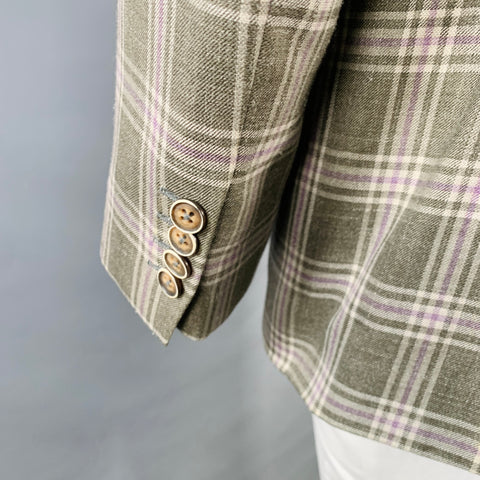 MARZONI Size 42 Green Cream Purple Plaid Single Breasted Notch Lapel Sport Coat